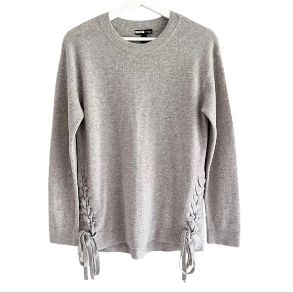 Aqua Cashmere Heather Gray Taupe Crew Neck 💯 Cashmere Sweater lace up side sz L - Picture 2 of 10